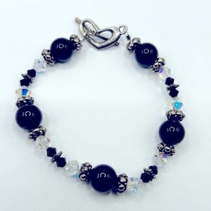 Elegant Black Glass Beads and Crystal Beaded Bracelet